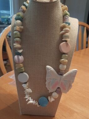 Pastel Butterfly Statement Necklace - Pink, Blue, Cream, Green